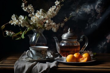 Refreshing Stilllife flower tea. Fruit blossom. Generate Ai