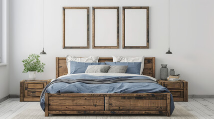 rustic wooden bed with blue pillows in front of wall with empty pictures