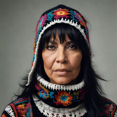 Fashion portrait of a Latin woman with a knitted scarf, Generative AI