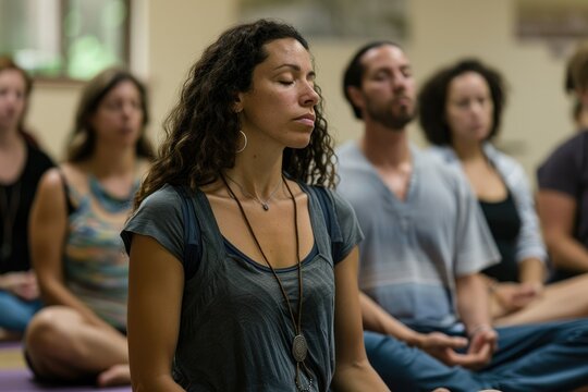 A group attending a stress management workshop, practicing relaxation techniques like deep breathing