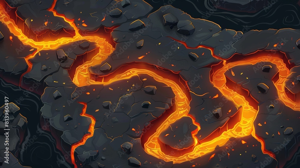 Poster the game map features a river of lava running through hot ground and volcanic craters and burning ma
