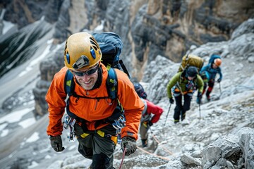 A mountain guide leading a group up a challenging trail, equipped with safety gear and demonstrating expertise in navigating rugged terrains