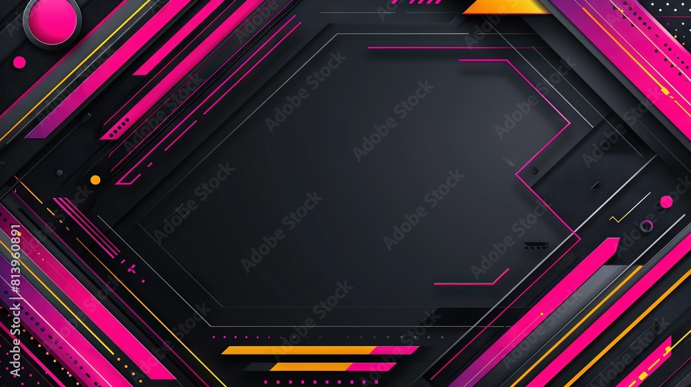 Wall mural   A hexagonal shape with black and pink abstract background and yellow and pink lines on the bottom