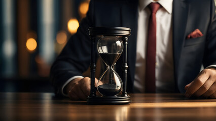 Businessman holding black hourglass, time is up, hurry, promotion, limited time offer, man in a suit, hand holding hourglass. Time is up.