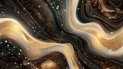 Naklejka premium A painting of golden-black swirls and glitter on a black-white canvas with gold confetti