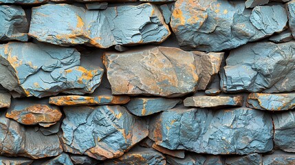   Close-up photo of blue-brown rock wall with rusted paint chips