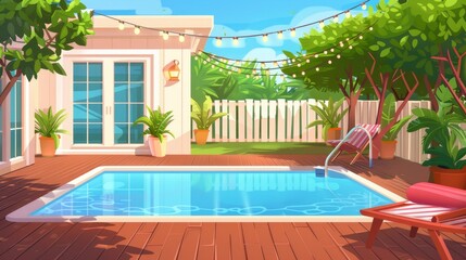 A house porch and swimming pool in the backyard. A modern cartoon illustration of a summer villa's glass door on a wooden patio, a poolside garden with green trees and grass, a white fence, garland