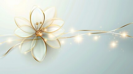   A white flower with a golden center on a light blue background, adorned with shimmering sparkles and a gold ribbon at its base