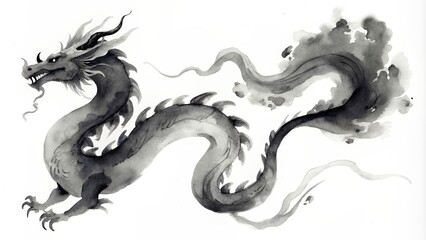 Watercolor dragon in Chinese traditional style with splash of paintings
