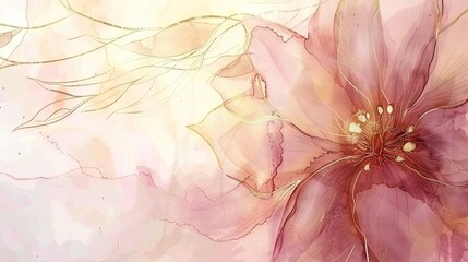   Pink flower on white-pink background with gold leaf design at center