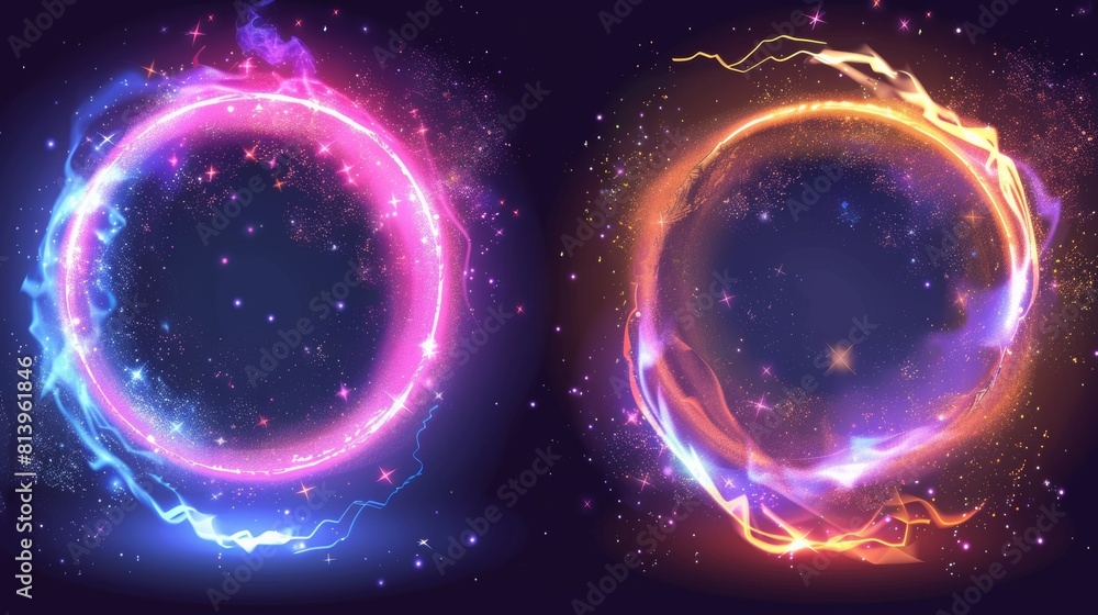 Poster an energy ring with sparkles and fog defines this magic circular portal with light glow effect. a fl