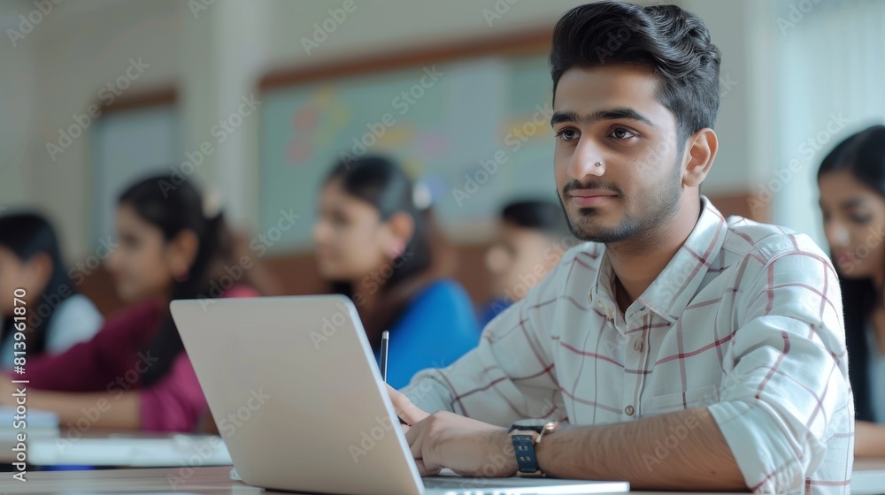 Poster indian student paying attention in class and writing down information on laptop computer while a tut