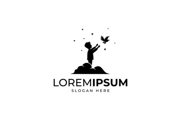 Naklejka premium child logo releasing bird on cloud in flat silhouette vector design style