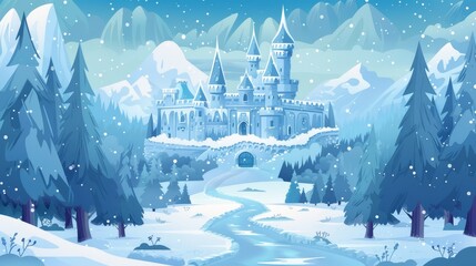 Fototapeta premium Winter frozen road to magic castle. Fairy tale kingdom palace for princess in pine forest with falling snow. Nature fairytale landscape with medieval fortress architecture.