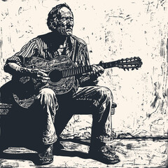An elderly man plays the blues on guitar, vector illustration	