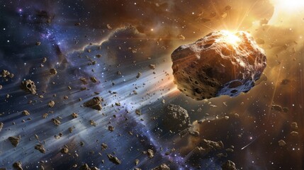 A hazardous asteroid is on a collision course with Earth classified as a potentially hazardous object PHO and identified as a stony iron meteorite within our solar system This composite ima - Powered by Adobe