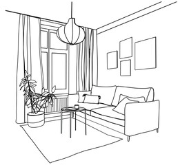 Linear sketch of an interior living room. Hand drawn vector illustration of a sketch style