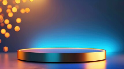 Minimal round gold podium platform for product presentation with blue light background and bokeh orange light background