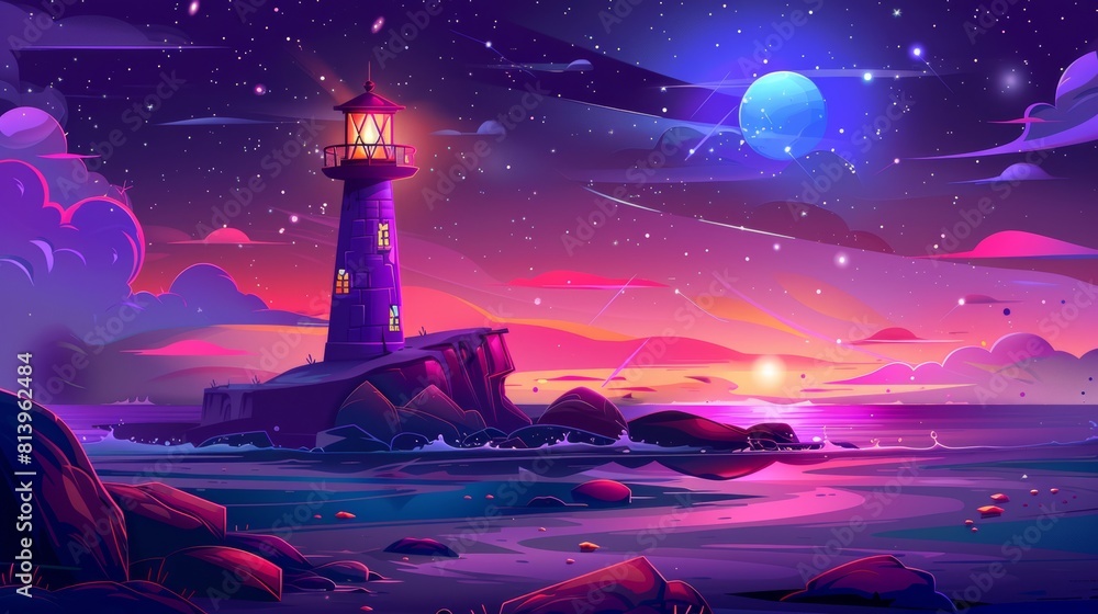 Poster towards the seafront at dusk, rays of light shine from the tower of the lighthouse on a cliff from a