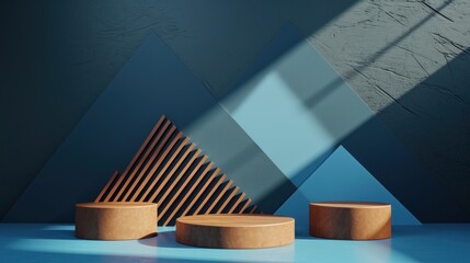 A realistic three round brown pedestal podium on geometric blue triangle overlaps the backdrop on a concrete wall in sunlight. 3D mockup stand product display