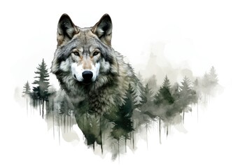 Majestic Double Exposure Wolf Blended with Misty Forest Landscape