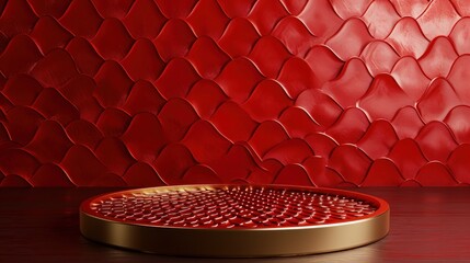 Empty red podium pedestal with golden edge and red dragon scales texture wall background for product showcase. Chinese New Year Mockup