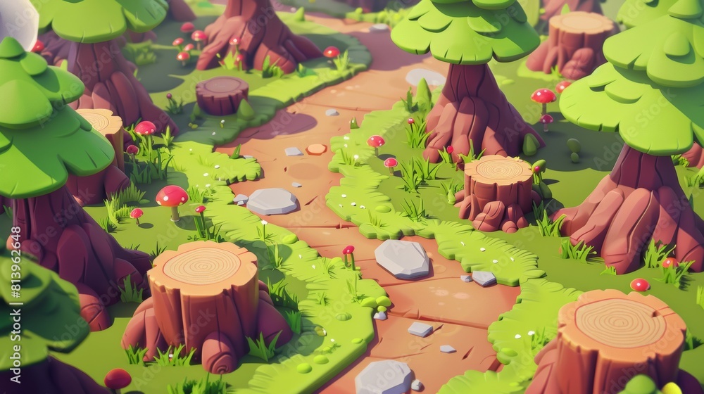 Poster moose-covered forest and swamp game map with moss and fantasy glowing mushrooms. walkthrough through