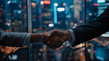 Business Partners Signing Successful Deal in Office Skyscraper. CEO and Investment Associate Shaking Hands on Financial Opportunity. - Powered by Adobe