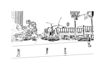 Print Building view with landmark of Santa Monica is the city in Los Angeles County. Hand drawn sketch illustration in vector.