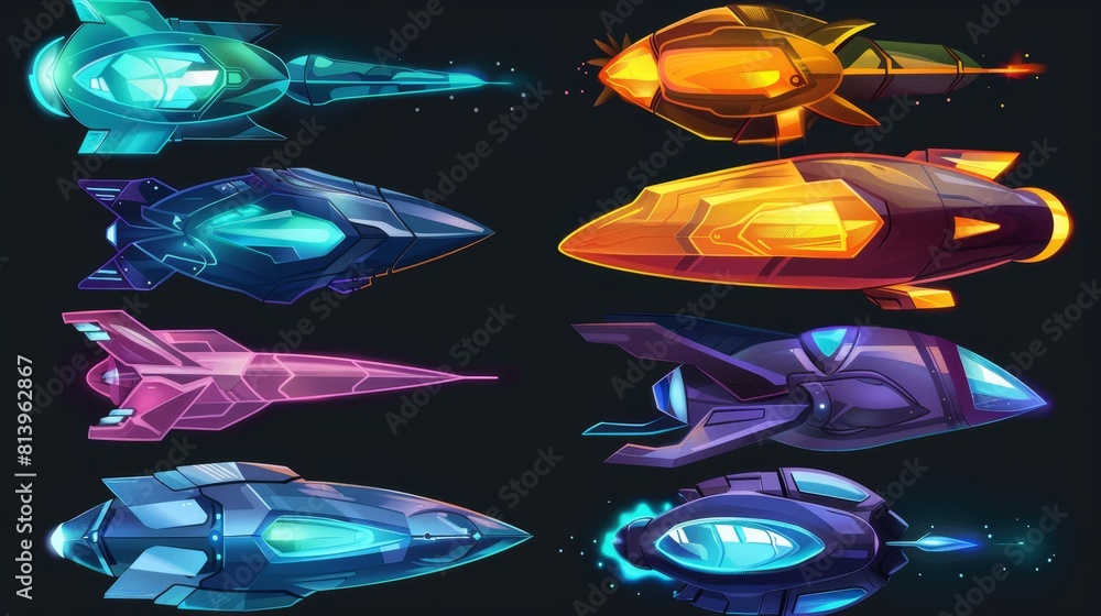 Poster an alien spaceship for a video game. cartoon modern illustration set of a fantastic cosmic alien spa