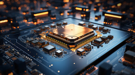 Future Technological Innovation Circuit Board Chip On Blurry Background