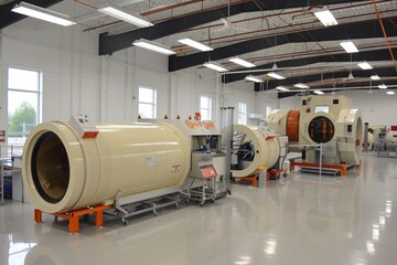 Cylindrical cream-colored machine of a room in a white factory for production