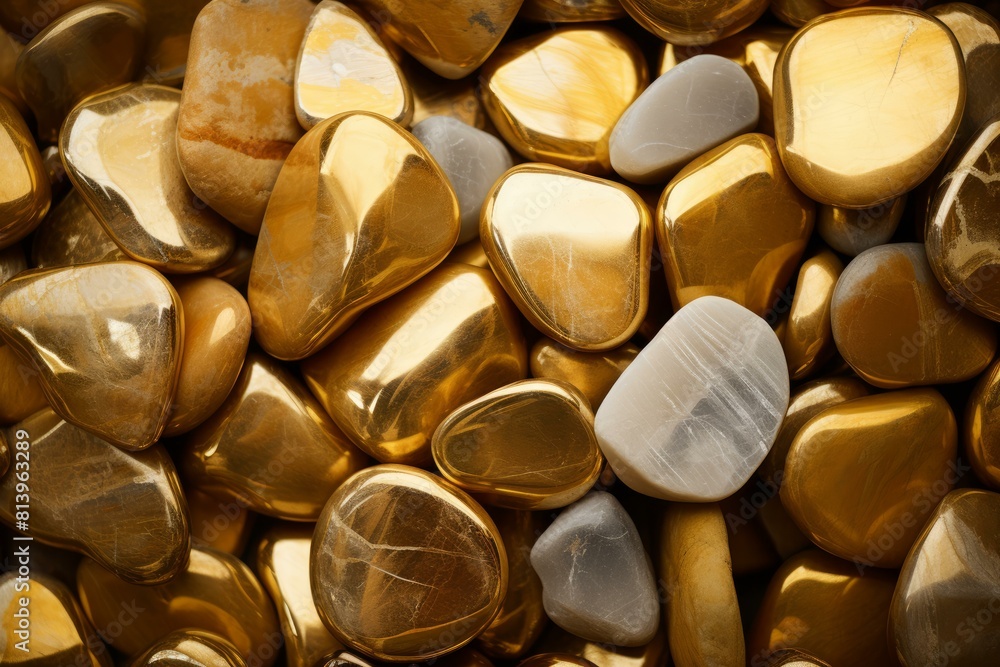 Poster top view of shiny golden and cream polished gemstones creating an elegant texture