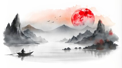 Traditional Japanese ink wash landscape painting with fisherman in the boat on sunset 