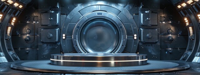 Fototapeta premium 3D render of a silver sci-fi portal with a round stage on the floor and a futuristic background