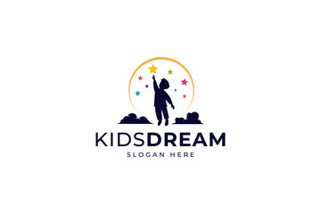 vector design logo of a silhouette of a boy reaching for a colorful star on a moon and clouds background