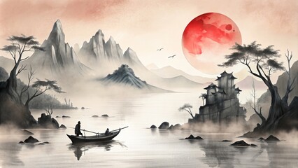 Traditional Japanese ink wash landscape painting with fisherman in the boat on sunset  © Mystery
