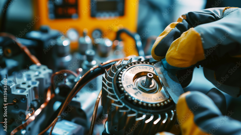 Wall mural close-up of a technician adjusting a component in a complex machinery with a tool.