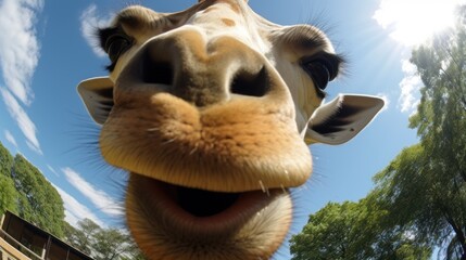 Close-up selfie portrait of a giraffe.