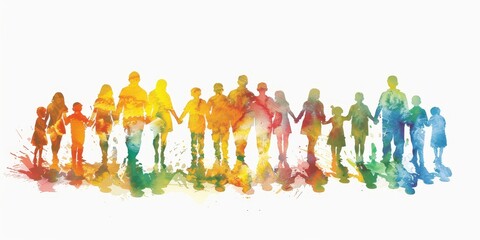 The watercolor painting shows a group of people holding hands.