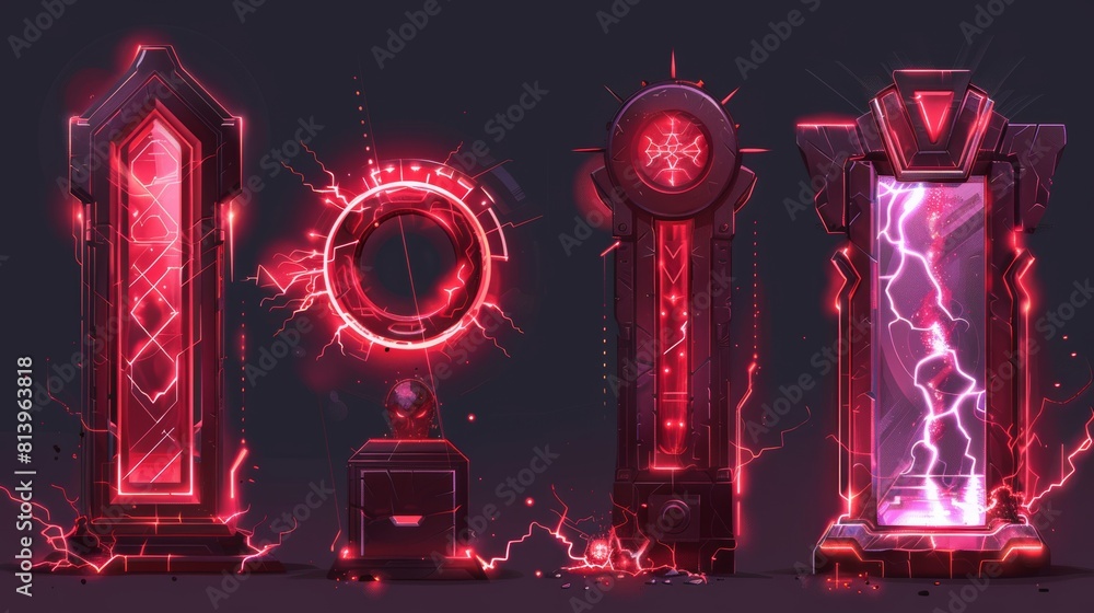 Poster An interesting red neon game portal with lightning and glow effects in a realistic modern illustration set. Magic teleport podium with beams for GUI concepts. Futuristic cyberpunk round luminous port