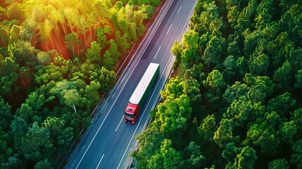 Aerial view of a red truck driving on a highway surrounded by lush green forests during daytime.