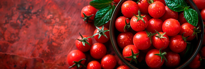 Fresh, red, ripe cherry tomatoes and basil on a textured dark background.