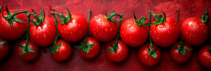 Fresh, red, ripe cherry tomatoes and basil on a textured dark background.