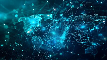 Global Digital Connection Concept: Surreal Digital Map of World Network Connections on Deep Ocean Blue Backdrop with Bioluminescent Plankton and