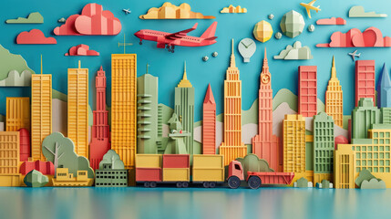 Colorful papercut illustration of a freight forwarder organizing global shipments