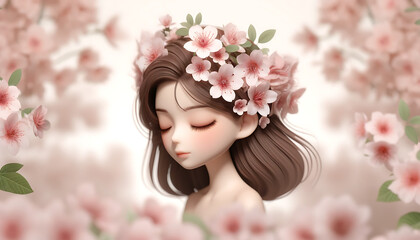 Naklejka premium Tranquil Blossom Dreams: A Serene Portrait of a Cartoon Woman with Sakura Flower Hair