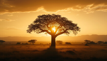 A high-resolution image the unique silhouette of a lone baobab tree in the African savanna, standing tall and isolated against a golden sunset