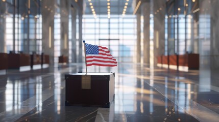 The Election Day in a Big City. Modern Polling Place with Sealing Box for Ballots and American Flag in a Spacious Room in the Business Center. Government Elections in the United States.