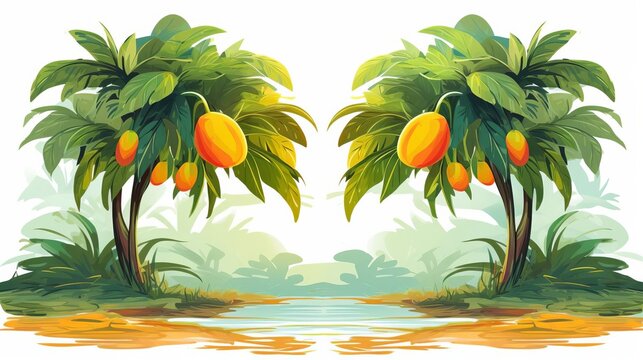 Mango trees flat design front view Tropical theme water color Splitcomplementary color scheme